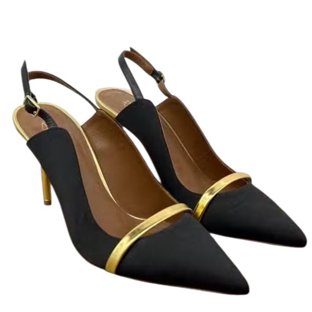 Malone Souliers Black and Gold Slingback Heels